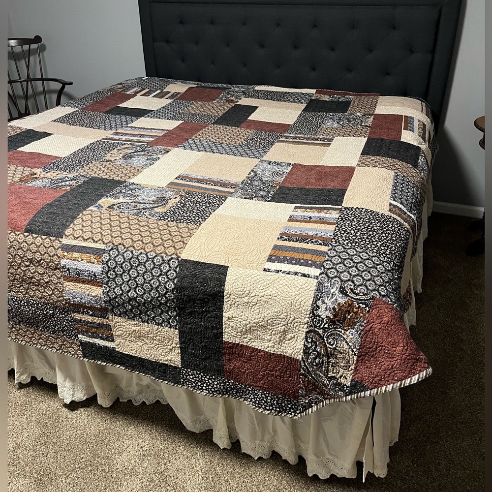 Patchwork Cotton Quilt 6 side odd angles reversible 94x94 cabin rustic lodge USA